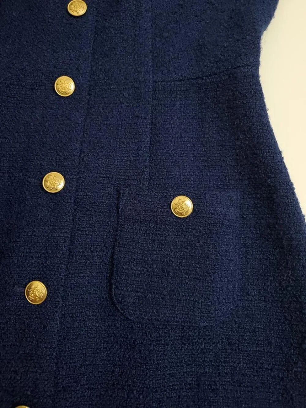 J. Crew Sophia Sleeveless Tweed Midi Dress Size 6 Navy Gold Button Office Pocket